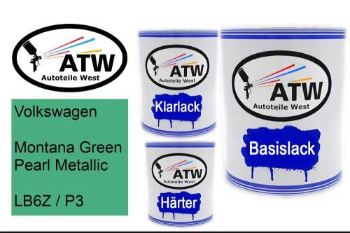 Volkswagen, Montana Green Pearl Metallic, LB6Z / P3: 1L Lackdose + 1L Klarlack + 500ml Härter - Set, von ATW Autoteile West.